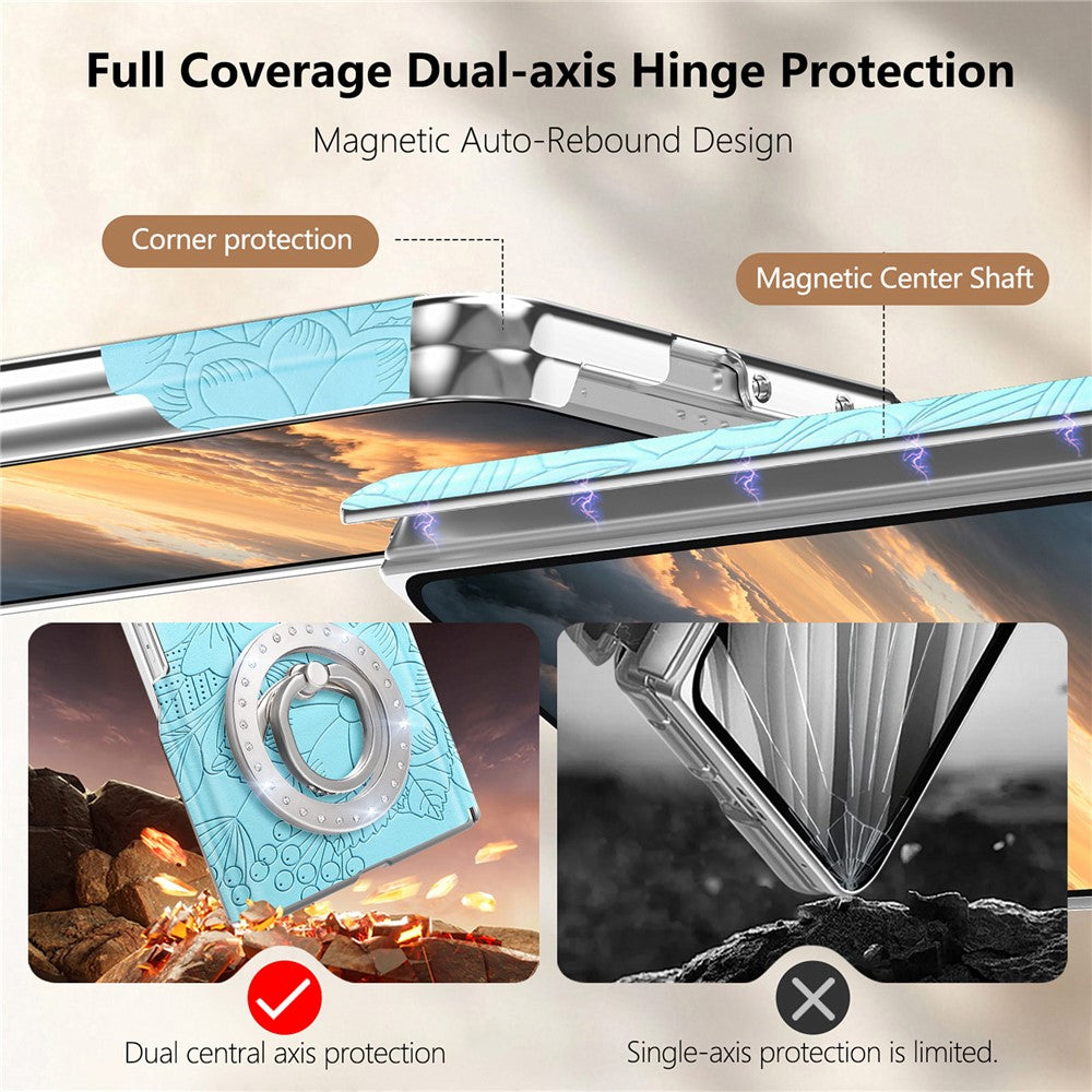 For Samsung Galaxy Z Fold8 Case Rhinestone Magnetic Kickstand Floral Pattern Leather Back Cover