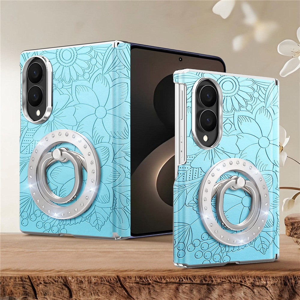 For Samsung Galaxy Z Fold8 Case Rhinestone Magnetic Kickstand Floral Pattern Leather Back Cover