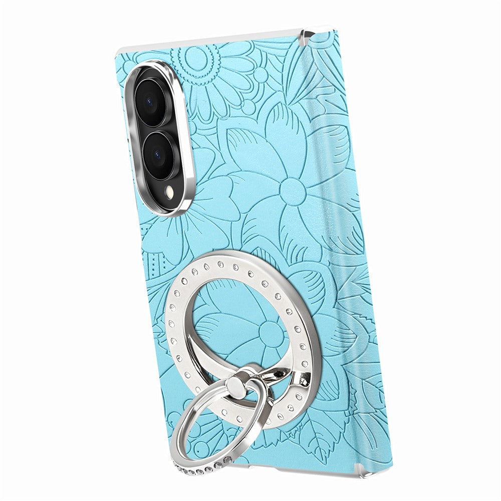 For Samsung Galaxy Z Fold8 Case Rhinestone Magnetic Kickstand Floral Pattern Leather Back Cover