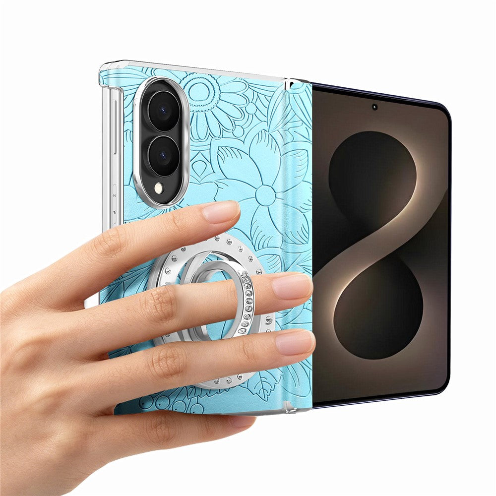 For Samsung Galaxy Z Fold8 Case Rhinestone Magnetic Kickstand Floral Pattern Leather Back Cover
