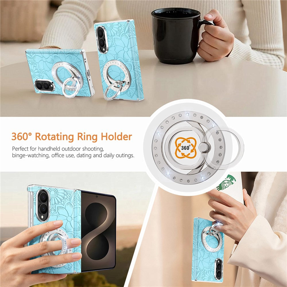 For Samsung Galaxy Z Fold8 Case Rhinestone Magnetic Kickstand Floral Pattern Leather Back Cover
