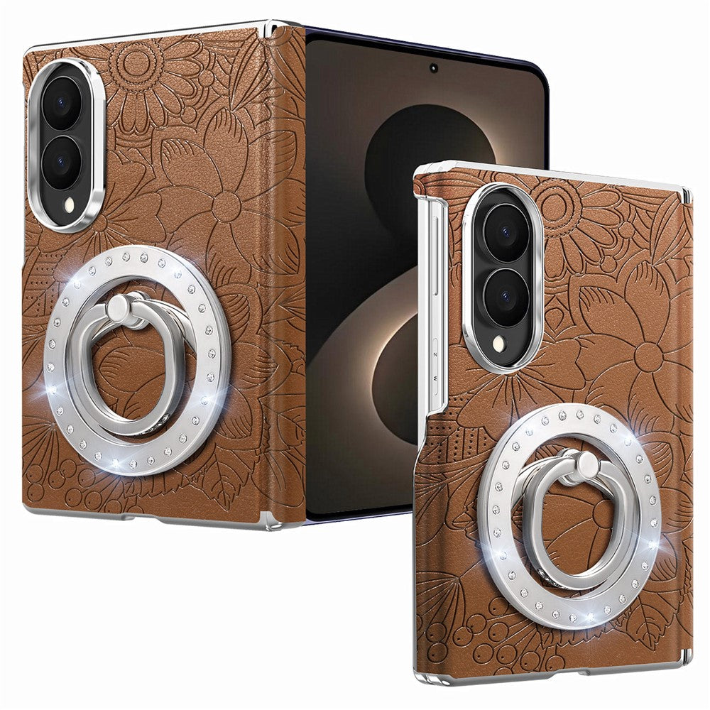 For Samsung Galaxy Z Fold8 Case Rhinestone Magnetic Kickstand Floral Pattern Leather Back Cover