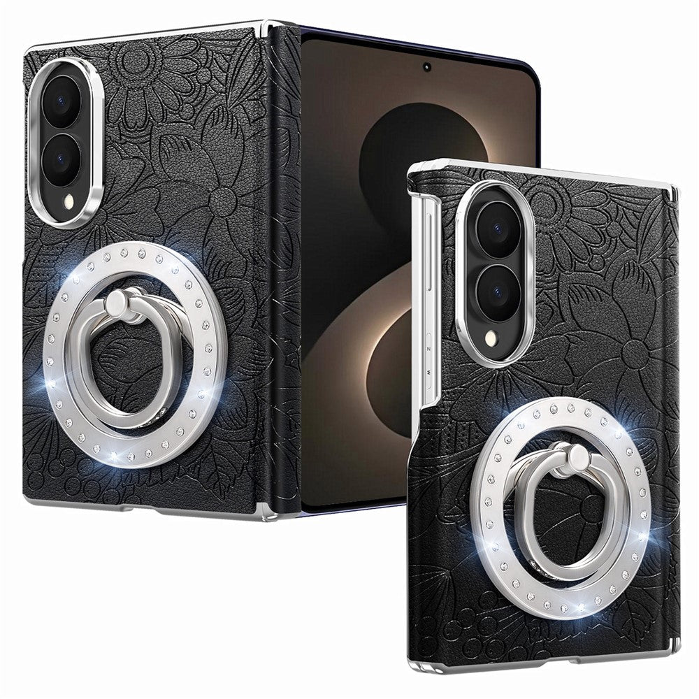 For Samsung Galaxy Z Fold8 Case Rhinestone Magnetic Kickstand Floral Pattern Leather Back Cover