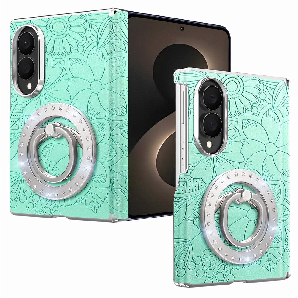 For Samsung Galaxy Z Fold8 Case Rhinestone Magnetic Kickstand Floral Pattern Leather Back Cover