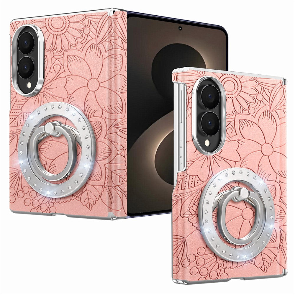 For Samsung Galaxy Z Fold8 Case Rhinestone Magnetic Kickstand Floral Pattern Leather Back Cover