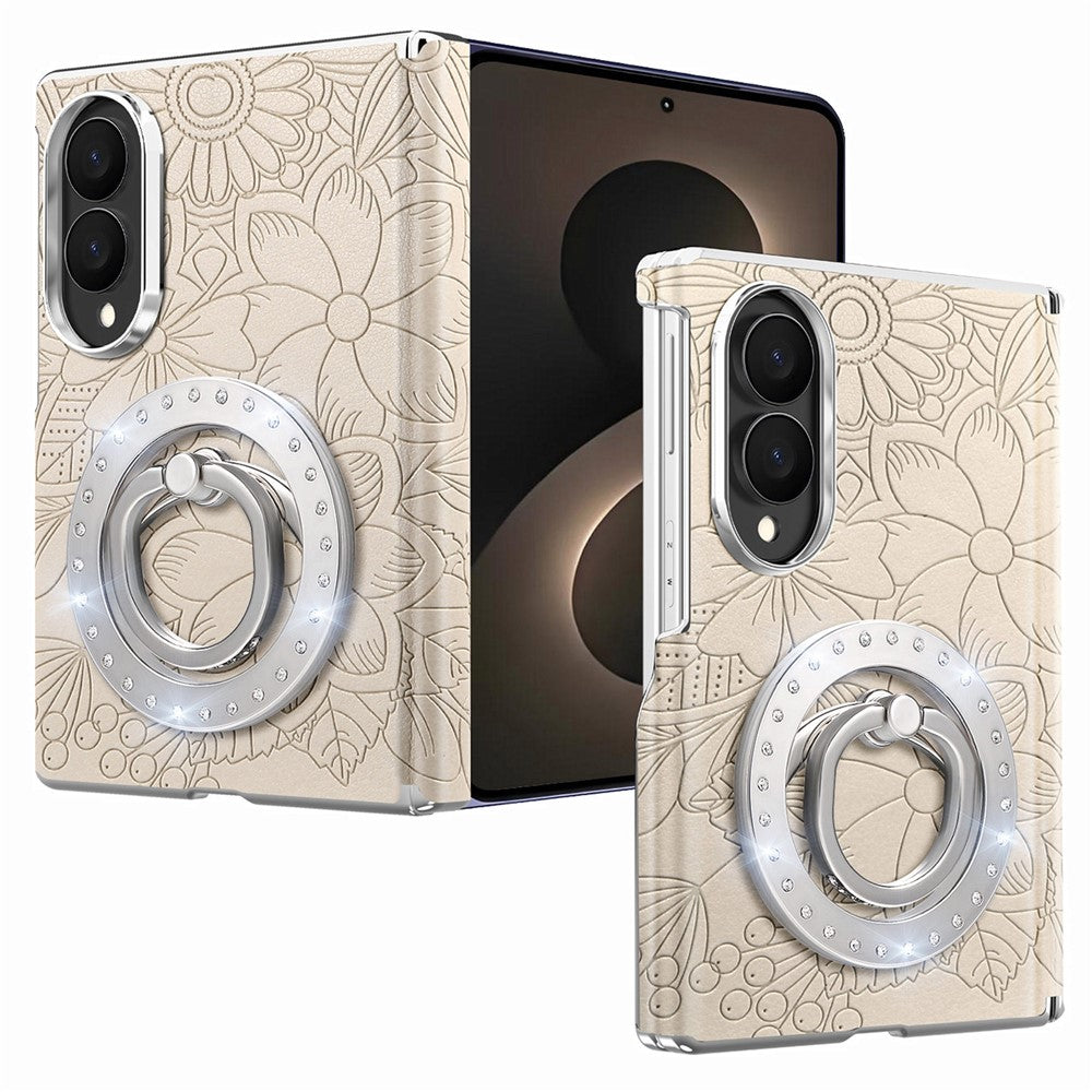 For Samsung Galaxy Z Fold8 Case Rhinestone Magnetic Kickstand Floral Pattern Leather Back Cover