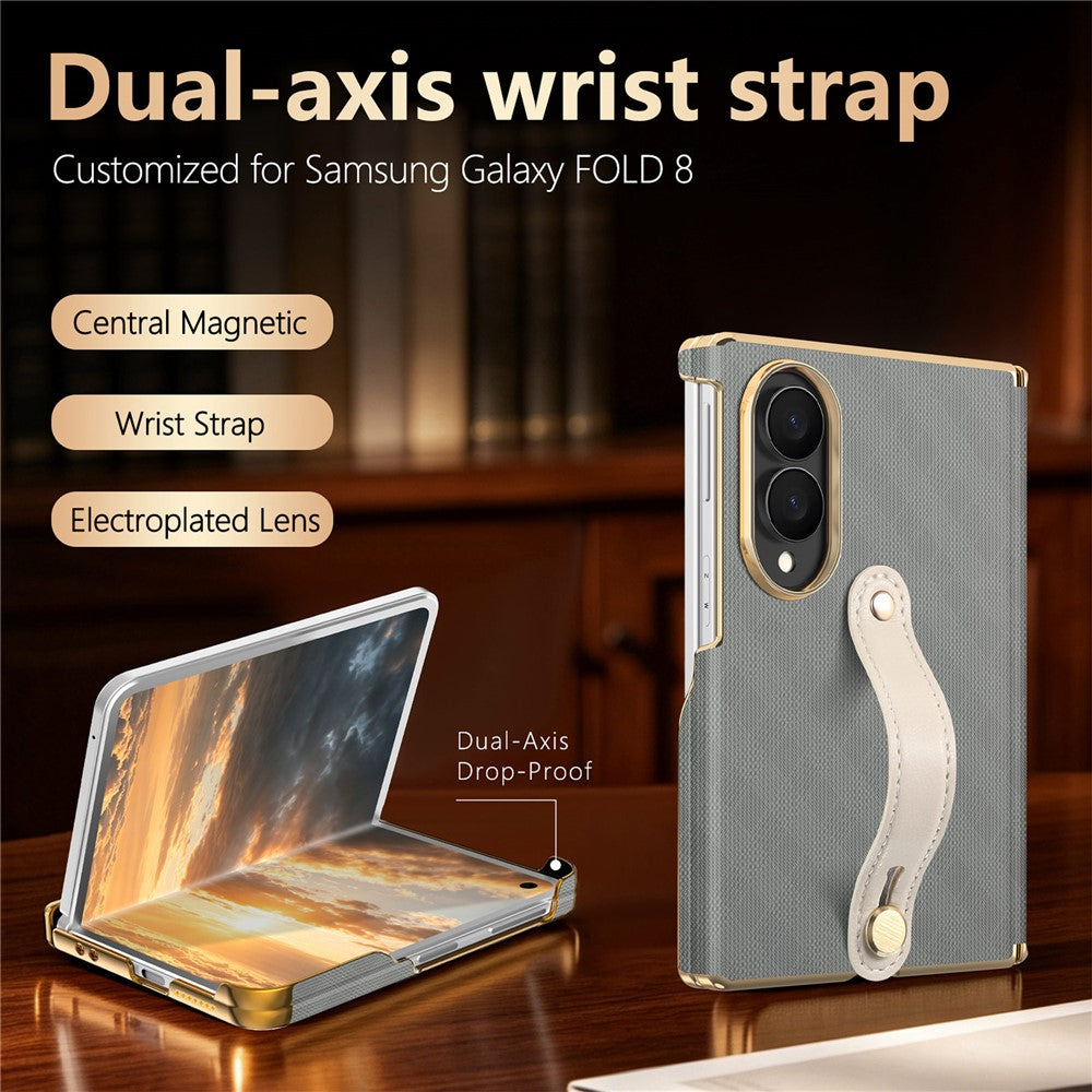 For Samsung Galaxy Z Fold8 Case with Wristband PU Leather + PC Dual-Axis Hinge Protection Phone Cover