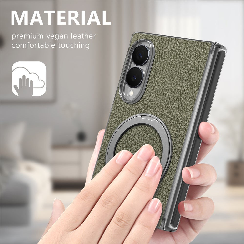For Samsung Galaxy Z Fold8 Magnetic Case Litchi Texture Leather Phone Cover with 360 Rotating Ring Kickstand