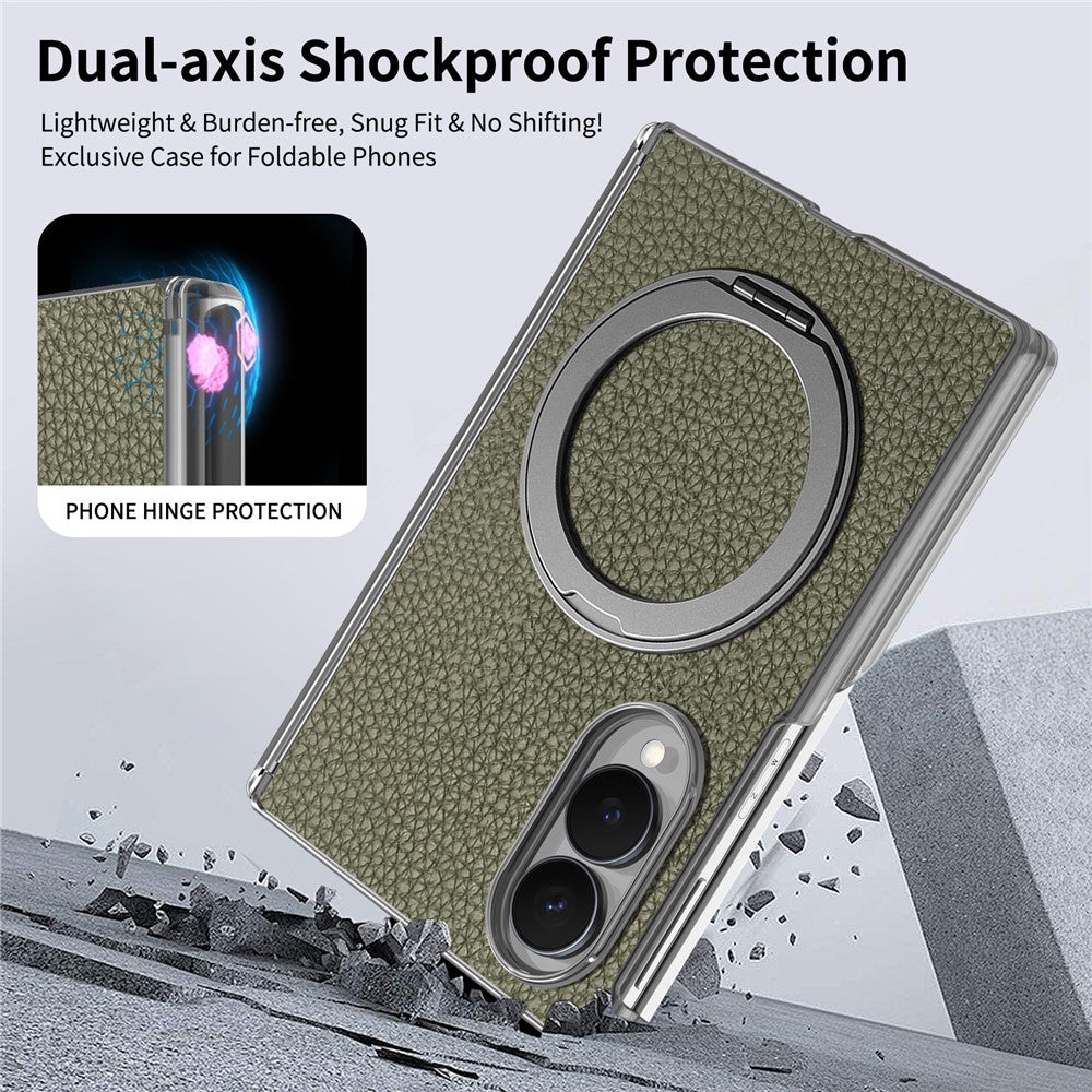 For Samsung Galaxy Z Fold8 Magnetic Case Litchi Texture Leather Phone Cover with 360 Rotating Ring Kickstand