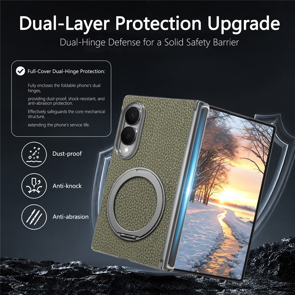 For Samsung Galaxy Z Fold8 Magnetic Case Litchi Texture Leather Phone Cover with 360 Rotating Ring Kickstand