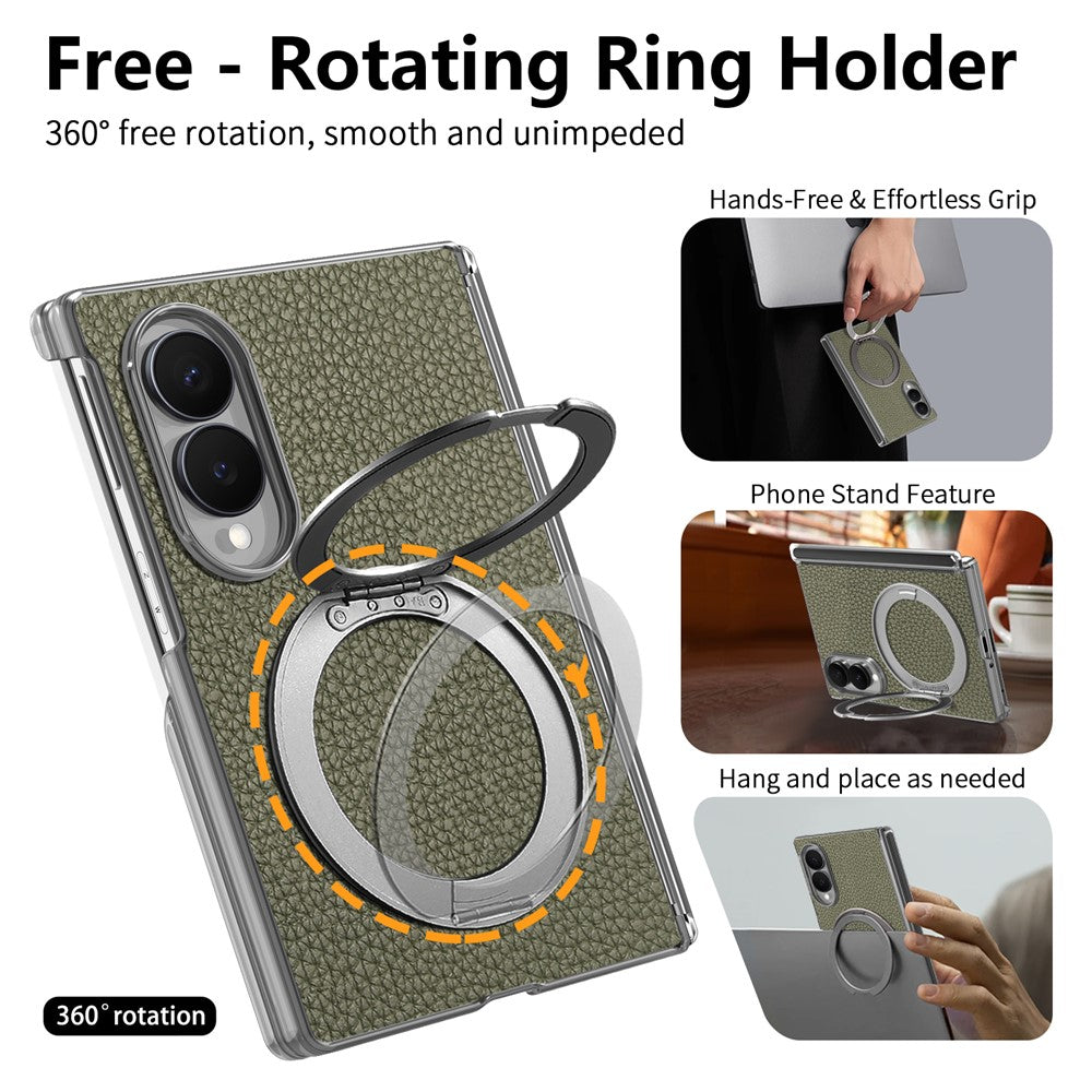 For Samsung Galaxy Z Fold8 Magnetic Case Litchi Texture Leather Phone Cover with 360 Rotating Ring Kickstand