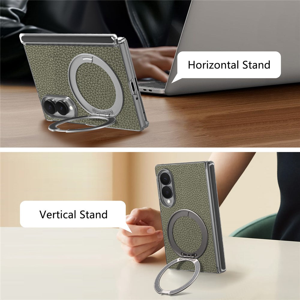 For Samsung Galaxy Z Fold8 Magnetic Case Litchi Texture Leather Phone Cover with 360 Rotating Ring Kickstand