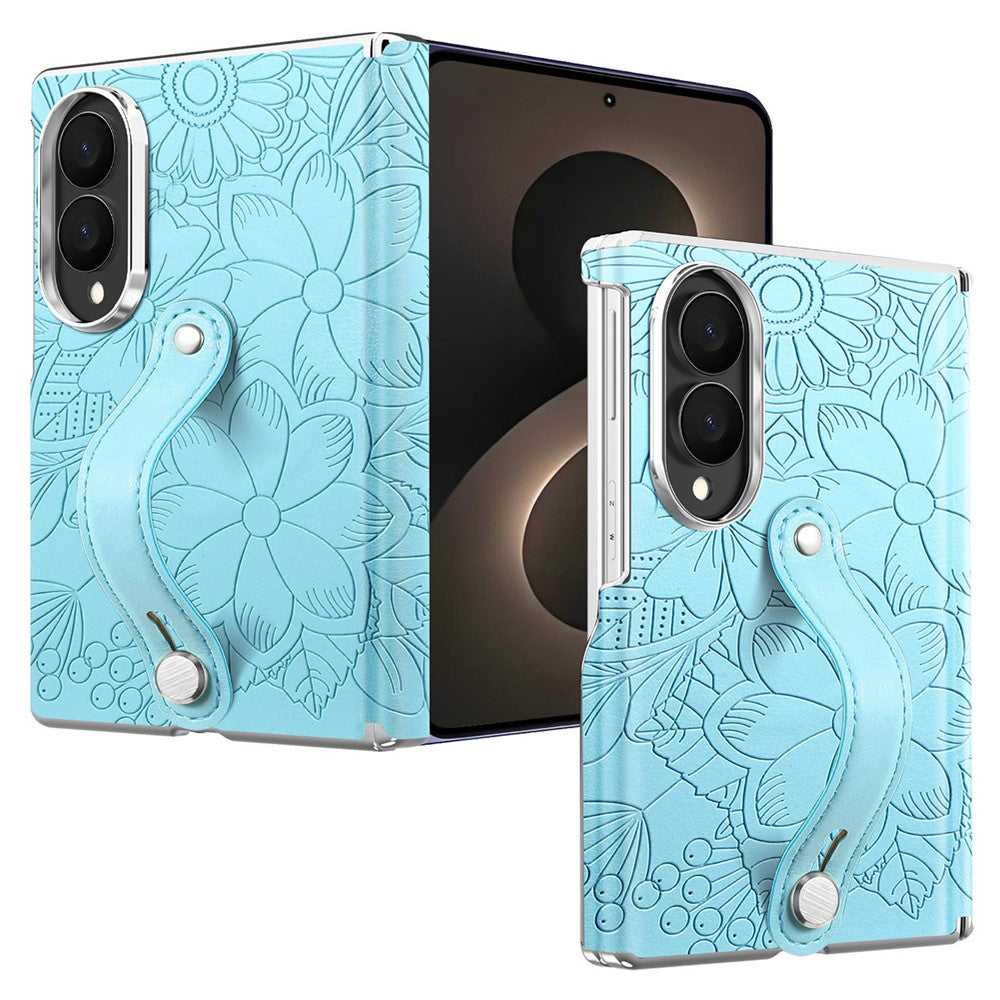 For Samsung Galaxy Z Fold8 Case Flower Leaf Embossed Dual-Axis Hinge Protection Leather Back Cover with Wrist Strap