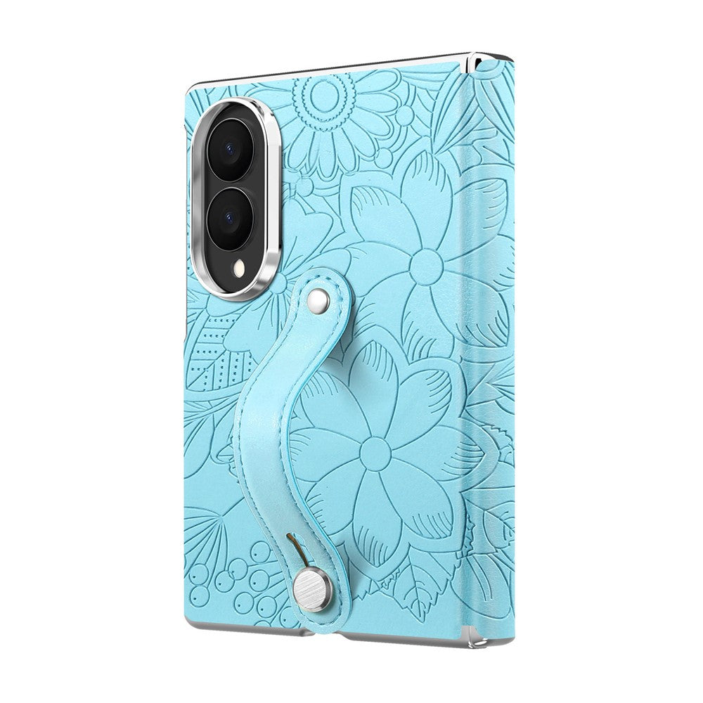 For Samsung Galaxy Z Fold8 Case Flower Leaf Embossed Dual-Axis Hinge Protection Leather Back Cover with Wrist Strap