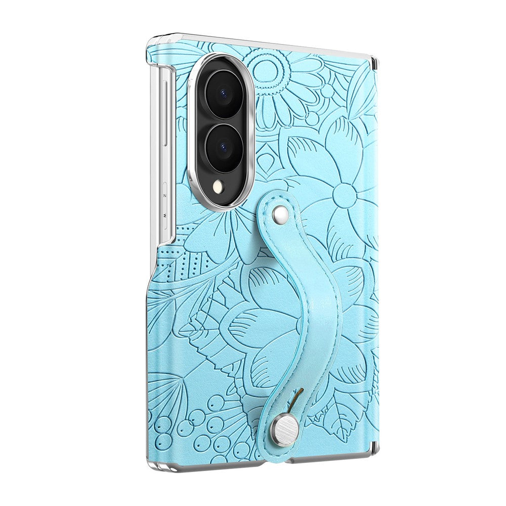 For Samsung Galaxy Z Fold8 Case Flower Leaf Embossed Dual-Axis Hinge Protection Leather Back Cover with Wrist Strap