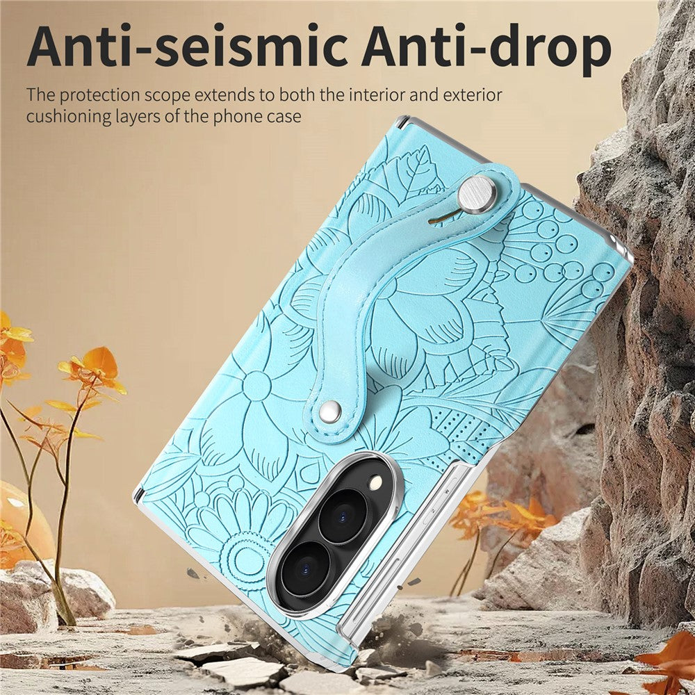 For Samsung Galaxy Z Fold8 Case Flower Leaf Embossed Dual-Axis Hinge Protection Leather Back Cover with Wrist Strap
