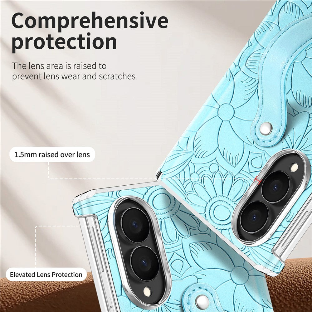 For Samsung Galaxy Z Fold8 Case Flower Leaf Embossed Dual-Axis Hinge Protection Leather Back Cover with Wrist Strap