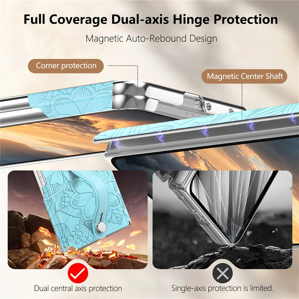 For Samsung Galaxy Z Fold8 Case Flower Leaf Embossed Dual-Axis Hinge Protection Leather Back Cover with Wrist Strap