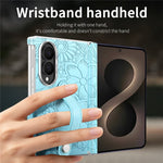 For Samsung Galaxy Z Fold8 Case Flower Leaf Embossed Dual-Axis Hinge Protection Leather Back Cover with Wrist Strap