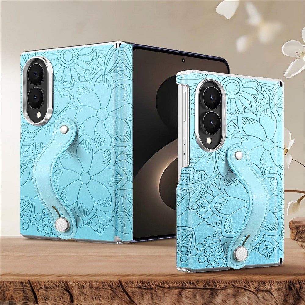 For Samsung Galaxy Z Fold8 Case Flower Leaf Embossed Dual-Axis Hinge Protection Leather Back Cover with Wrist Strap