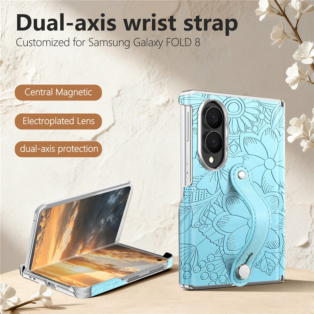 For Samsung Galaxy Z Fold8 Case Flower Leaf Embossed Dual-Axis Hinge Protection Leather Back Cover with Wrist Strap