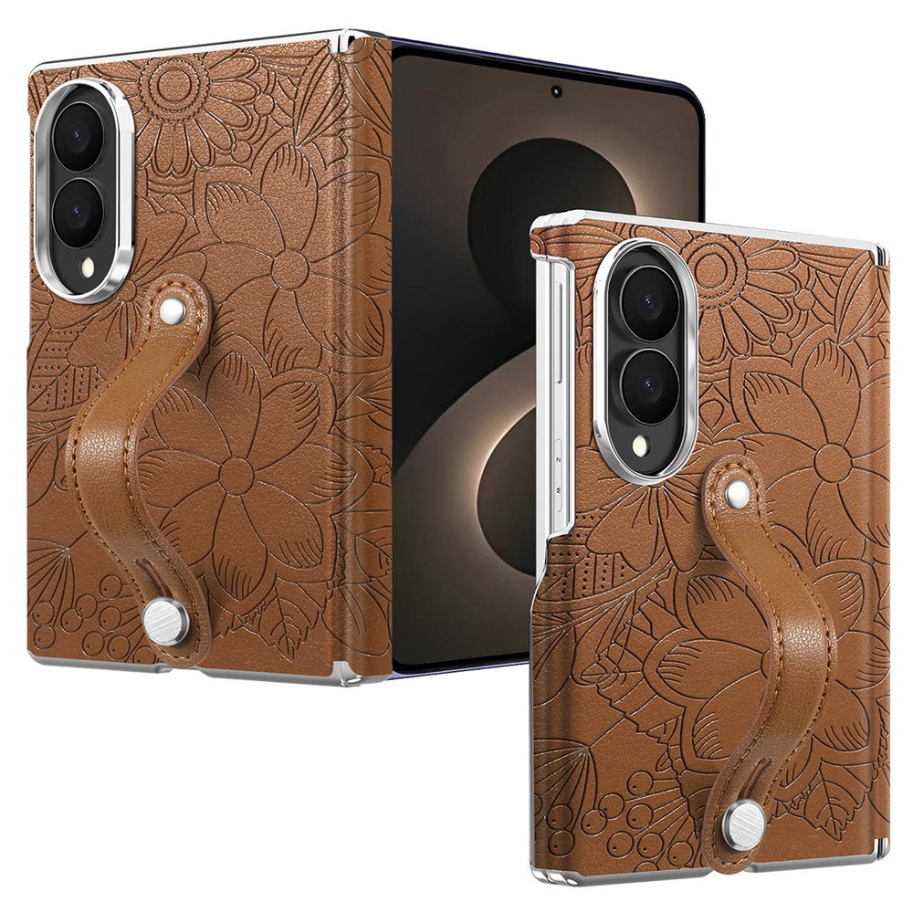 For Samsung Galaxy Z Fold8 Case Flower Leaf Embossed Dual-Axis Hinge Protection Leather Back Cover with Wrist Strap