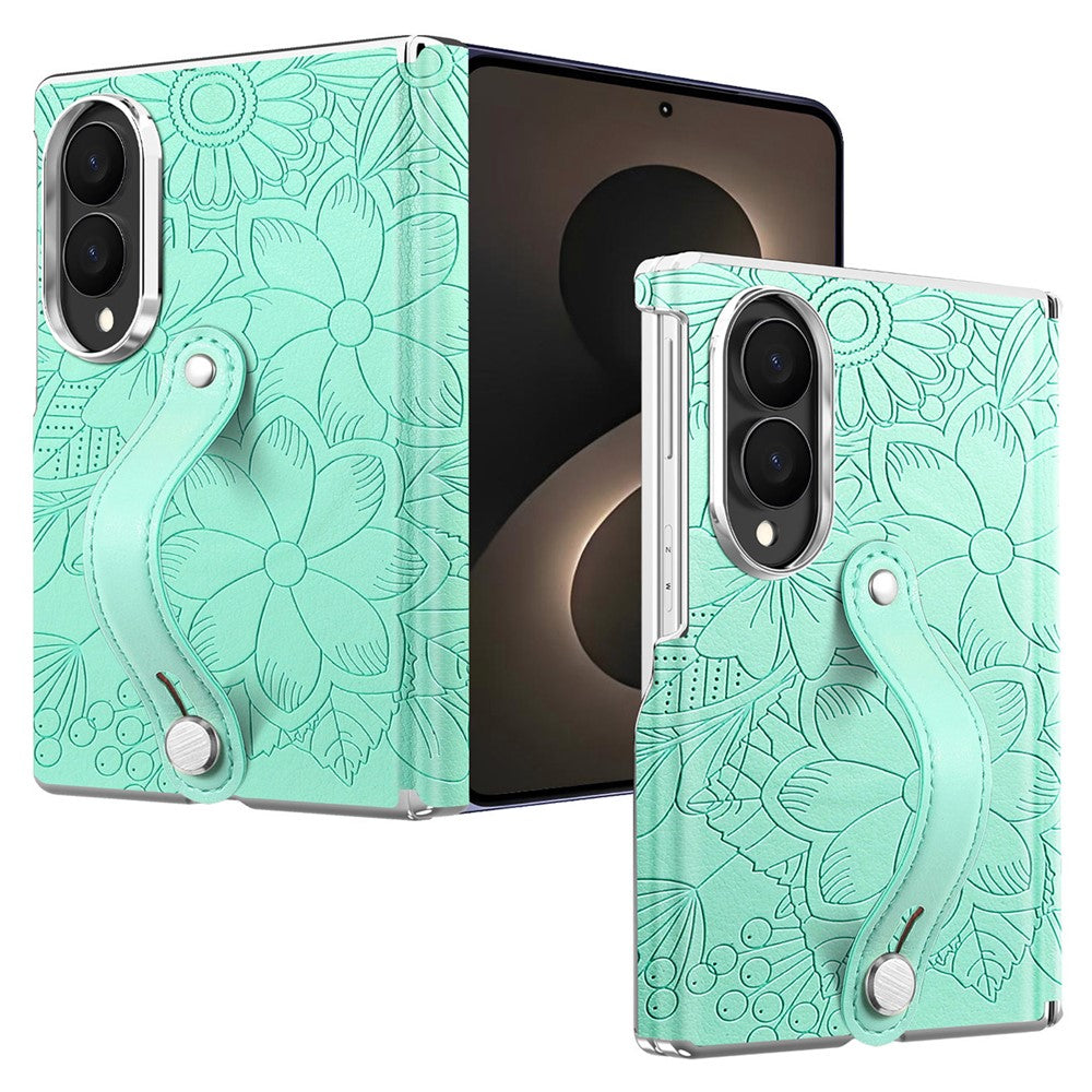 For Samsung Galaxy Z Fold8 Case Flower Leaf Embossed Dual-Axis Hinge Protection Leather Back Cover with Wrist Strap