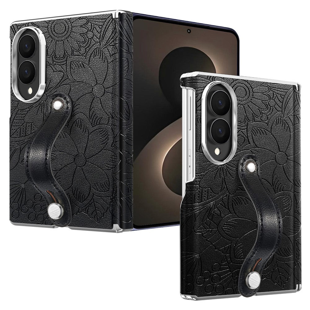 For Samsung Galaxy Z Fold8 Case Flower Leaf Embossed Dual-Axis Hinge Protection Leather Back Cover with Wrist Strap