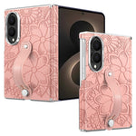 For Samsung Galaxy Z Fold8 Case Flower Leaf Embossed Dual-Axis Hinge Protection Leather Back Cover with Wrist Strap
