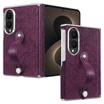 For Samsung Galaxy Z Fold8 Case Flower Leaf Embossed Dual-Axis Hinge Protection Leather Back Cover with Wrist Strap