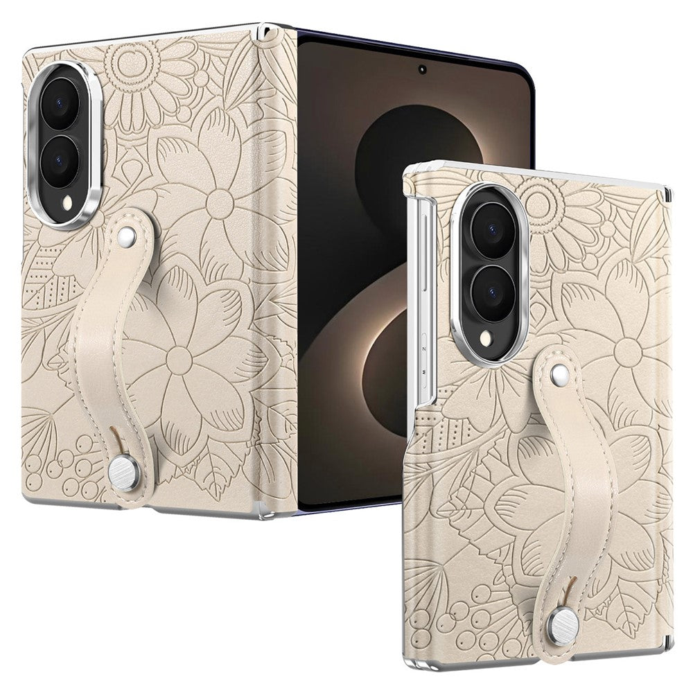 For Samsung Galaxy Z Fold8 Case Flower Leaf Embossed Dual-Axis Hinge Protection Leather Back Cover with Wrist Strap