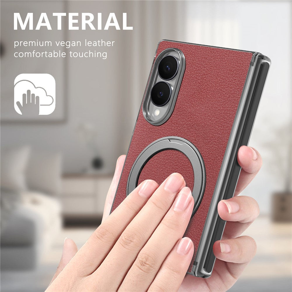 For Samsung Galaxy Z Fold8 Magnetic Case Litchi Texture Leather Phone Cover with 360 Rotating Ring Kickstand