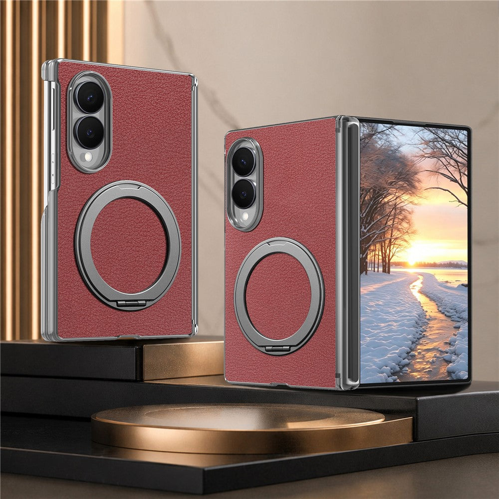 For Samsung Galaxy Z Fold8 Magnetic Case Litchi Texture Leather Phone Cover with 360 Rotating Ring Kickstand