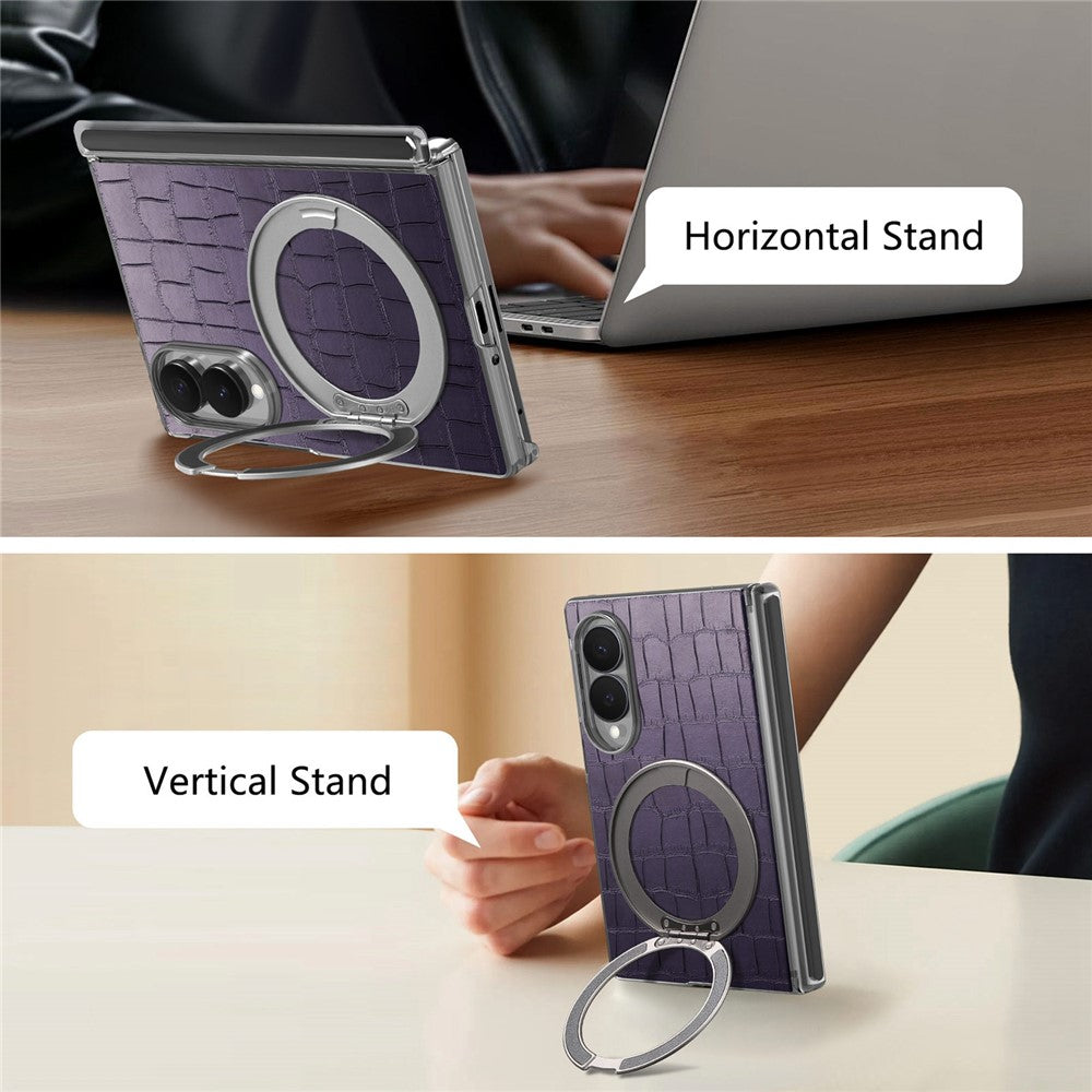 For Samsung Galaxy Z Fold8 Case Rotating Kickstand Magnetic Center Axis Shockproof Crocodile Pattern Leather Back Cover