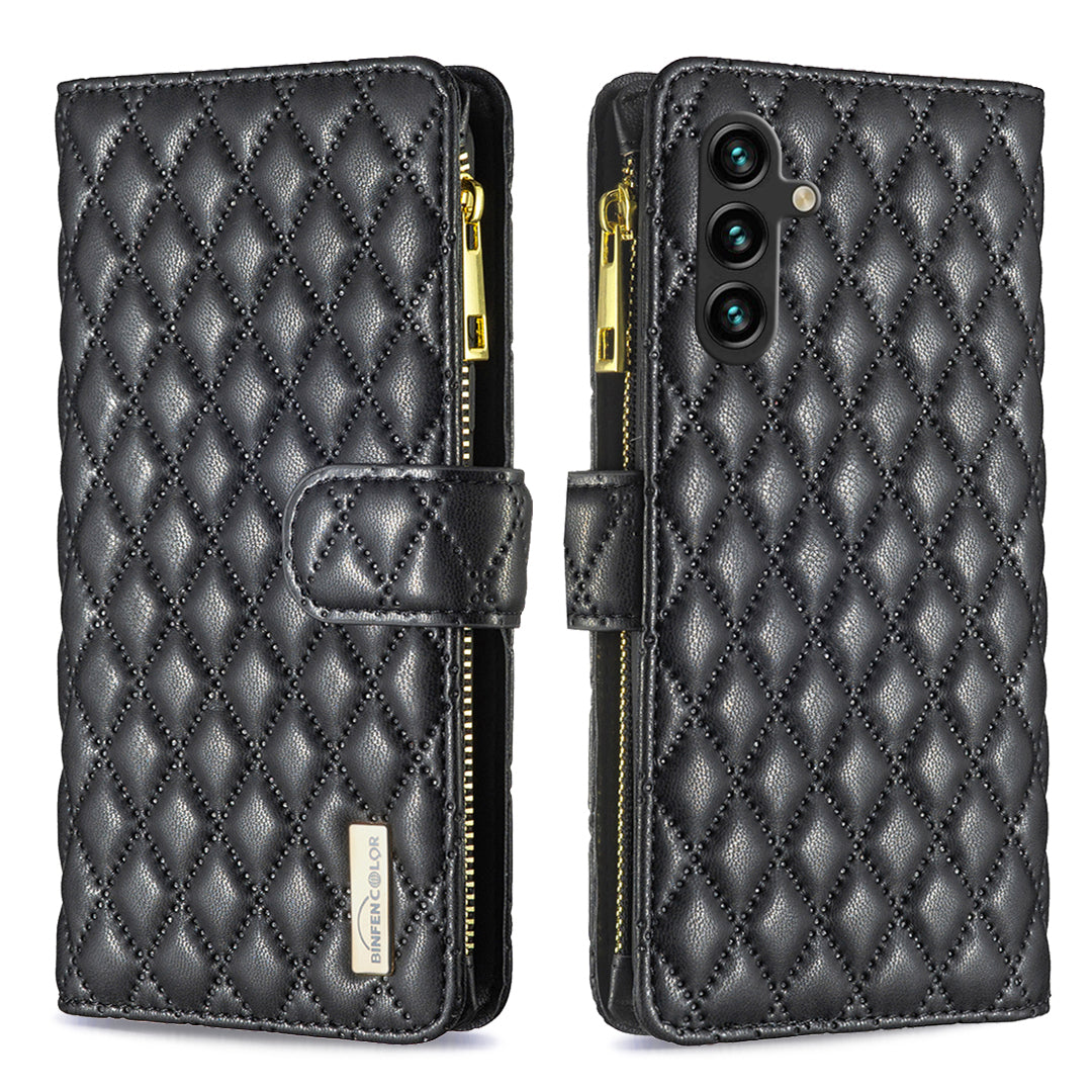 BINFEN COLOR for Samsung Galaxy S26 FE BF Style-15 Leather Case Zipper Pocket Rhombus Phone Cover