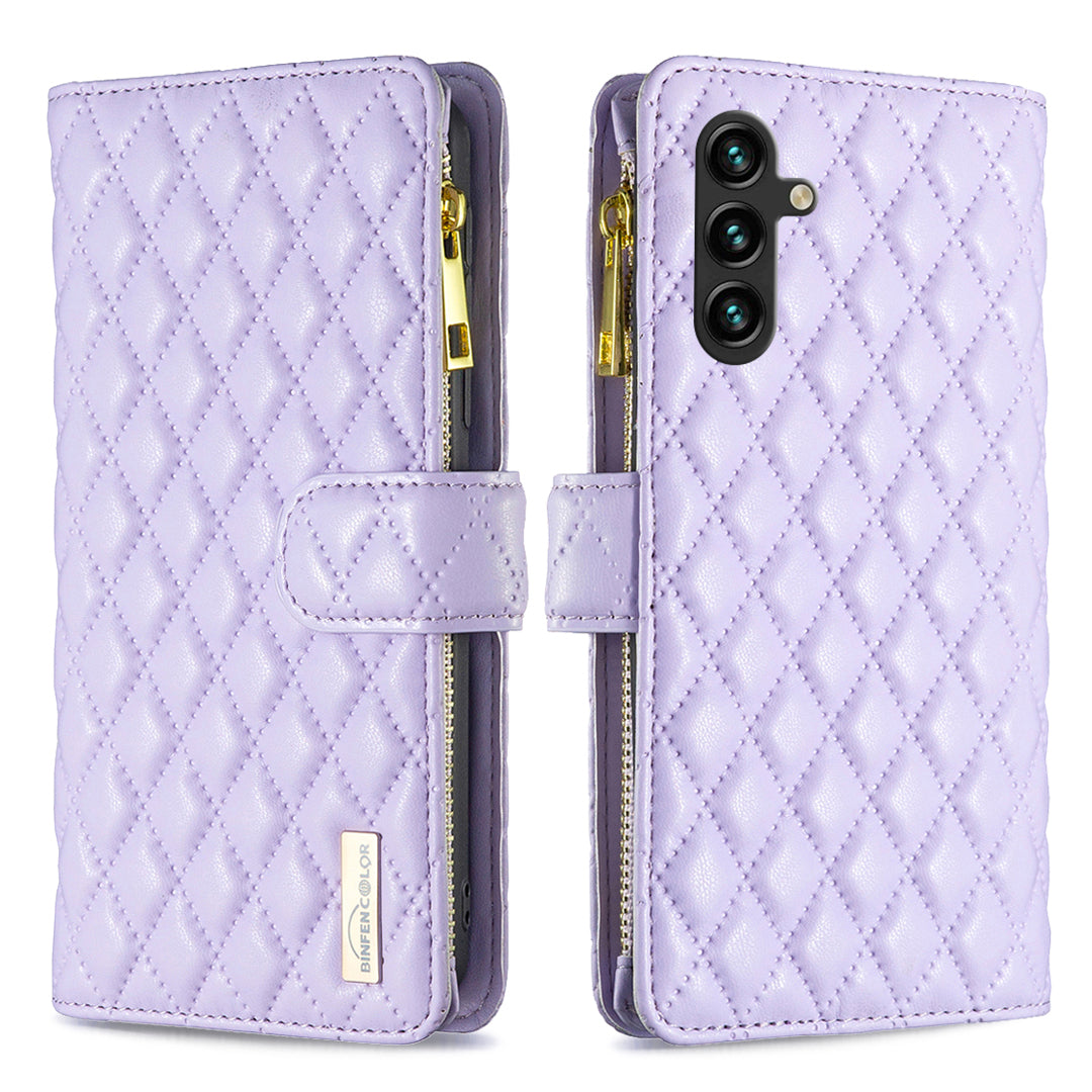 BINFEN COLOR for Samsung Galaxy S26 FE BF Style-15 Leather Case Zipper Pocket Rhombus Phone Cover