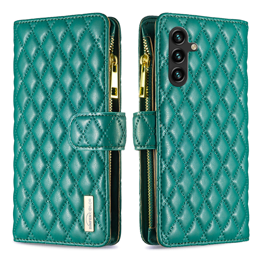 BINFEN COLOR for Samsung Galaxy S26 FE BF Style-15 Leather Case Zipper Pocket Rhombus Phone Cover