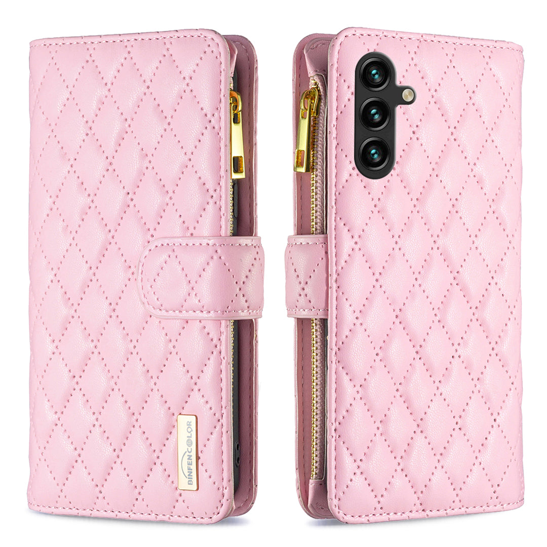 BINFEN COLOR for Samsung Galaxy S26 FE BF Style-15 Leather Case Zipper Pocket Rhombus Phone Cover
