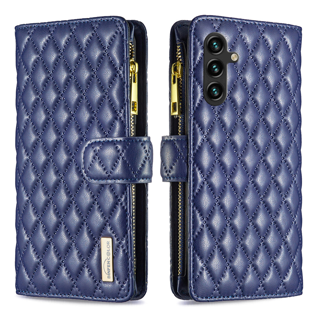 BINFEN COLOR for Samsung Galaxy S26 FE BF Style-15 Leather Case Zipper Pocket Rhombus Phone Cover
