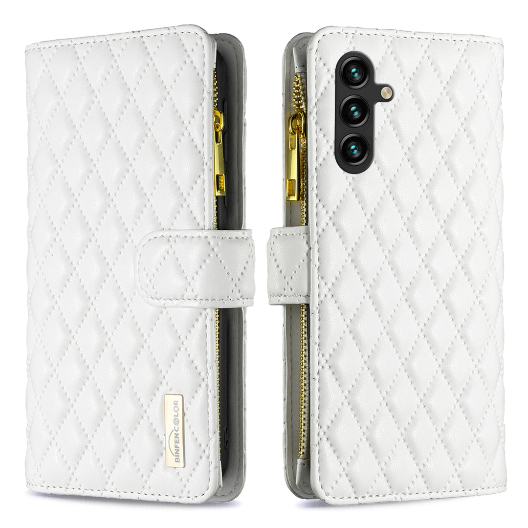 BINFEN COLOR for Samsung Galaxy S26 FE BF Style-15 Leather Case Zipper Pocket Rhombus Phone Cover
