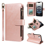 For iPhone 16e / iPhone 17e Leather Case 9 Card Slots Zipper Pocket Phone Cover with Wrist Strap