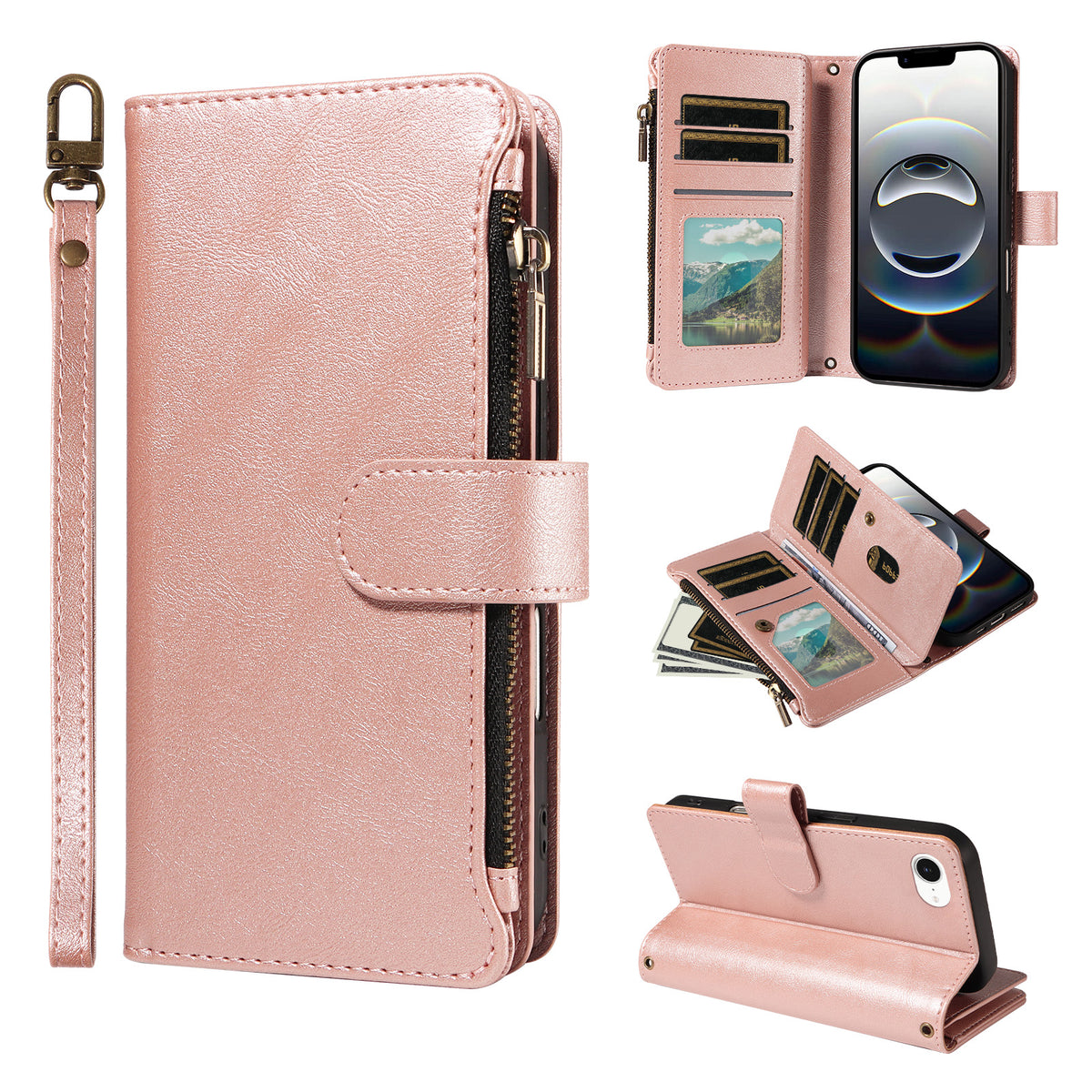 For iPhone 16e / iPhone 17e Leather Case 9 Card Slots Zipper Pocket Phone Cover with Wrist Strap