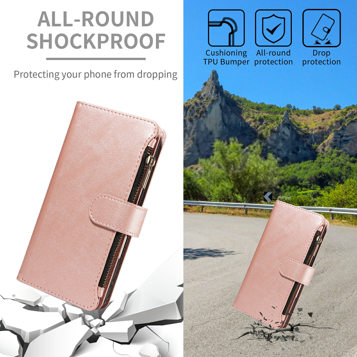For iPhone 16e / iPhone 17e Leather Case 9 Card Slots Zipper Pocket Phone Cover with Wrist Strap