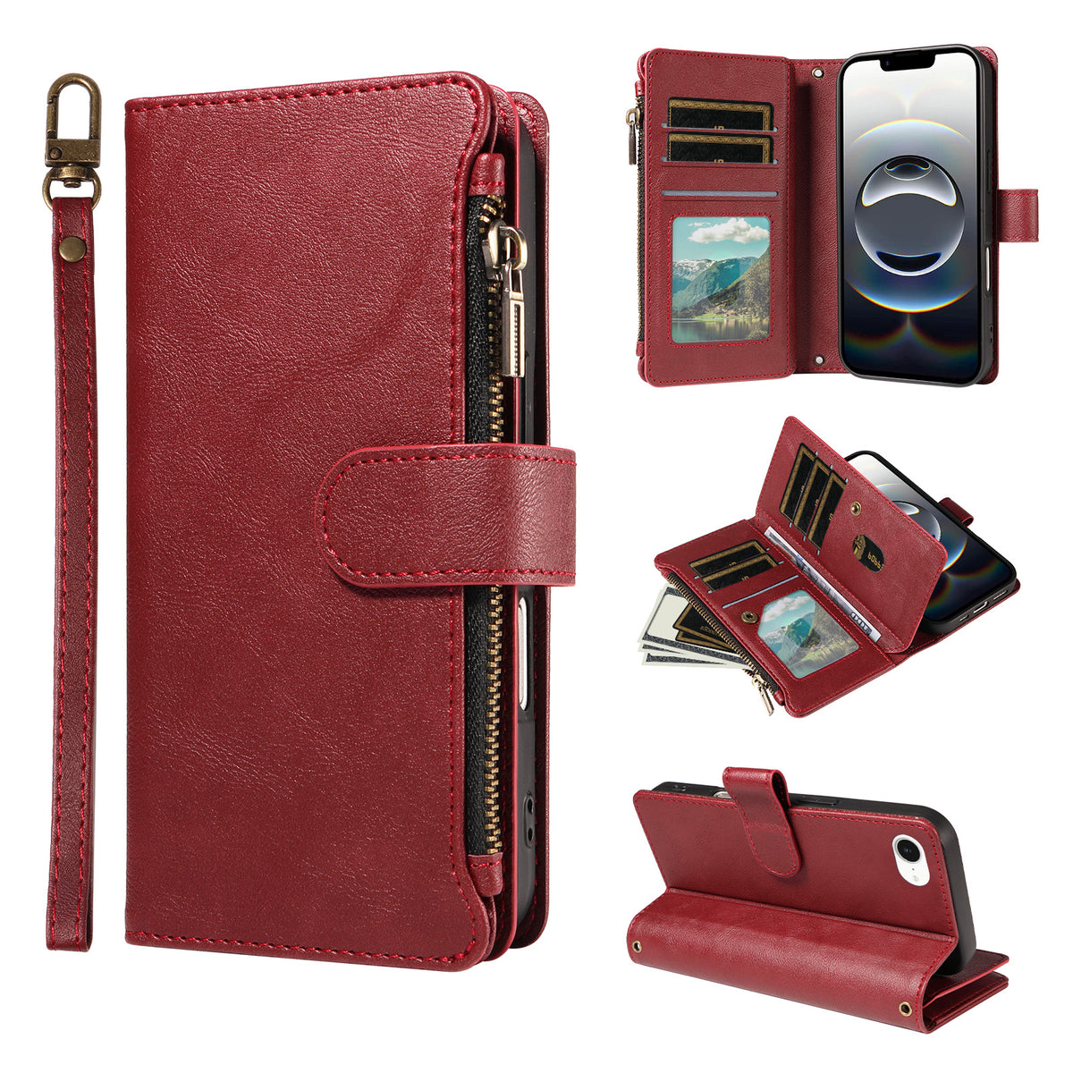 For iPhone 16e / iPhone 17e Leather Case 9 Card Slots Zipper Pocket Phone Cover with Wrist Strap