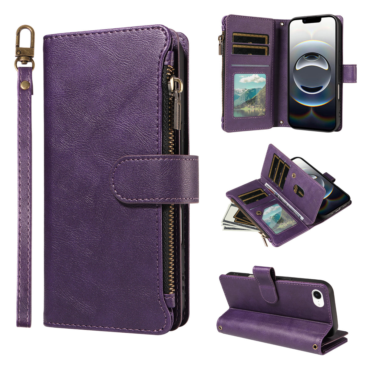 For iPhone 16e / iPhone 17e Leather Case 9 Card Slots Zipper Pocket Phone Cover with Wrist Strap
