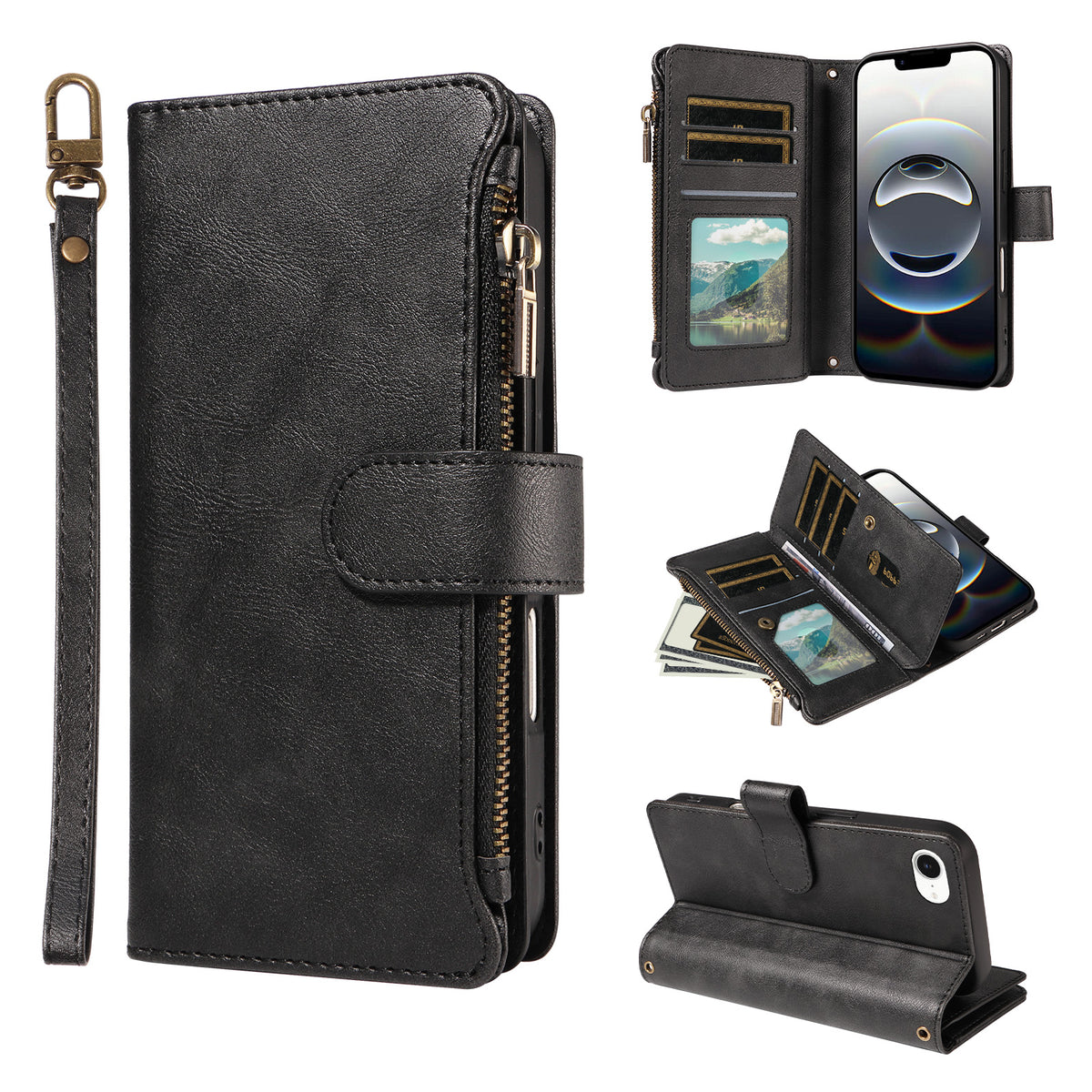 For iPhone 16e / iPhone 17e Leather Case 9 Card Slots Zipper Pocket Phone Cover with Wrist Strap