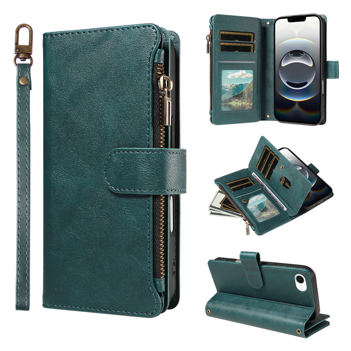 For iPhone 16e / iPhone 17e Leather Case 9 Card Slots Zipper Pocket Phone Cover with Wrist Strap