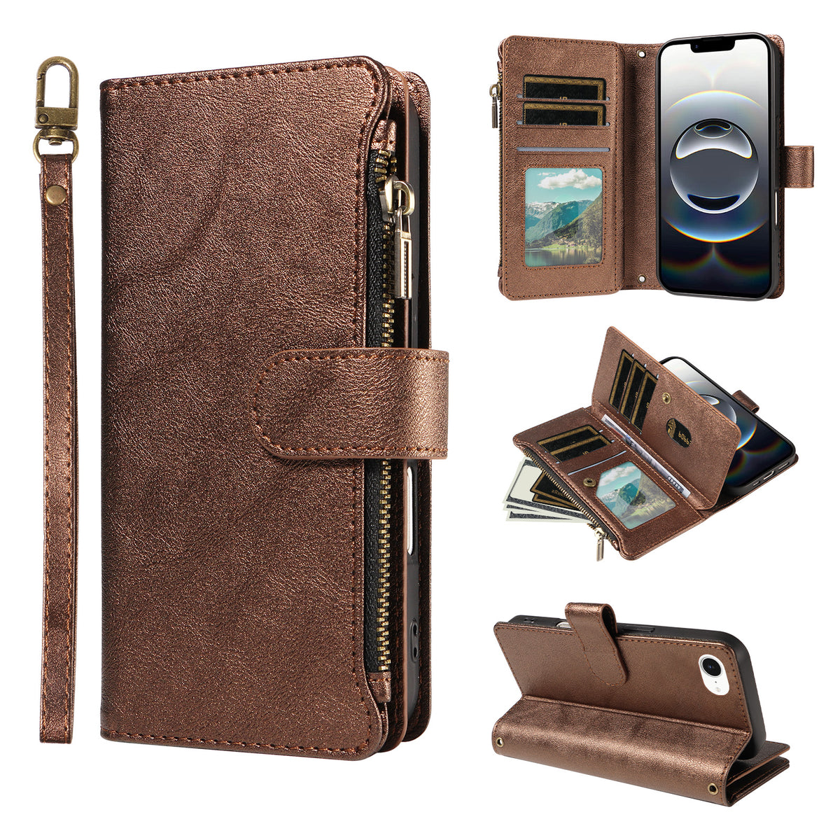 For iPhone 16e / iPhone 17e Leather Case 9 Card Slots Zipper Pocket Phone Cover with Wrist Strap