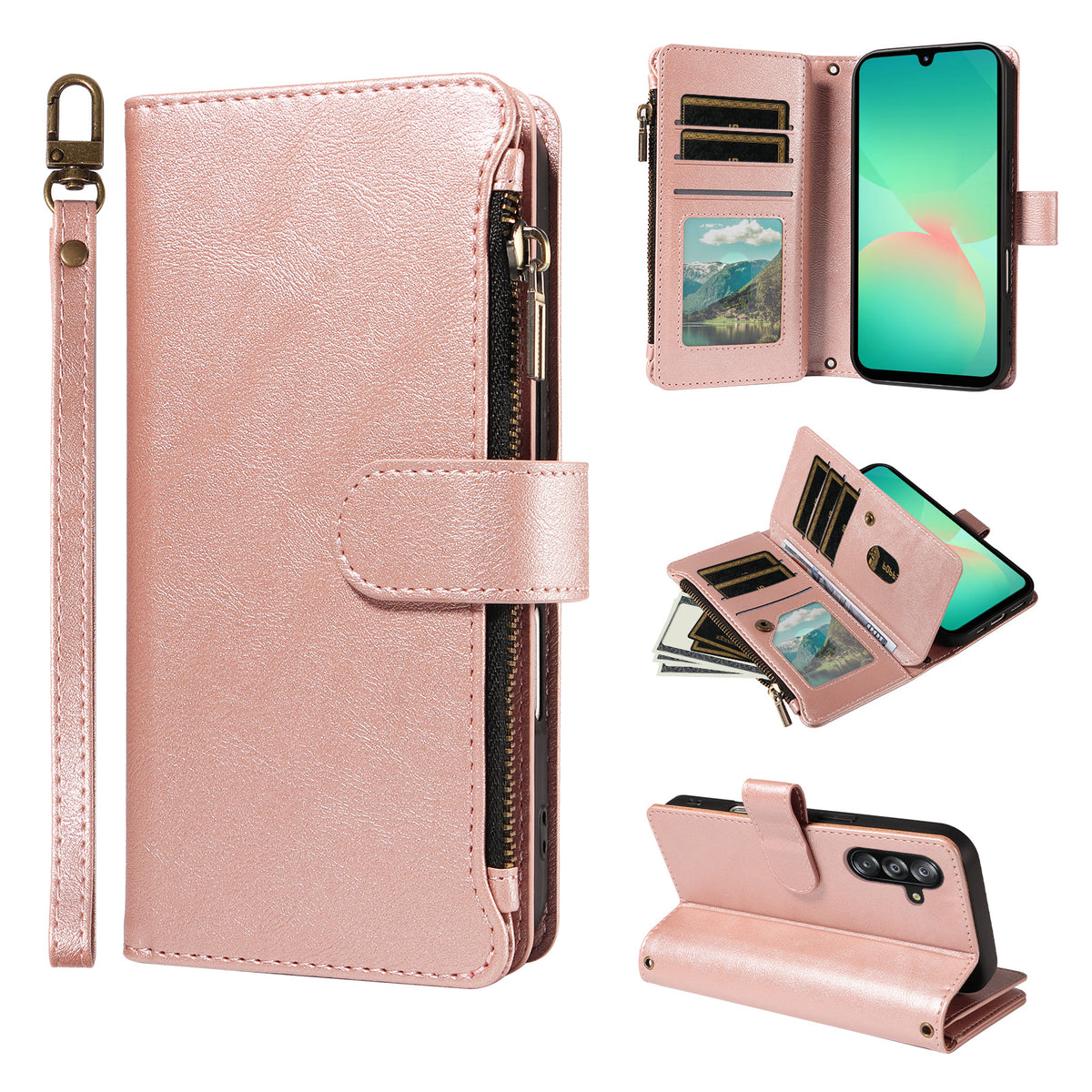Läderfodral för Samsung Galaxy A16 5G / Galaxy A16 4G, 9 kortfack, dragkedja, mobilfodral med handledsrem
