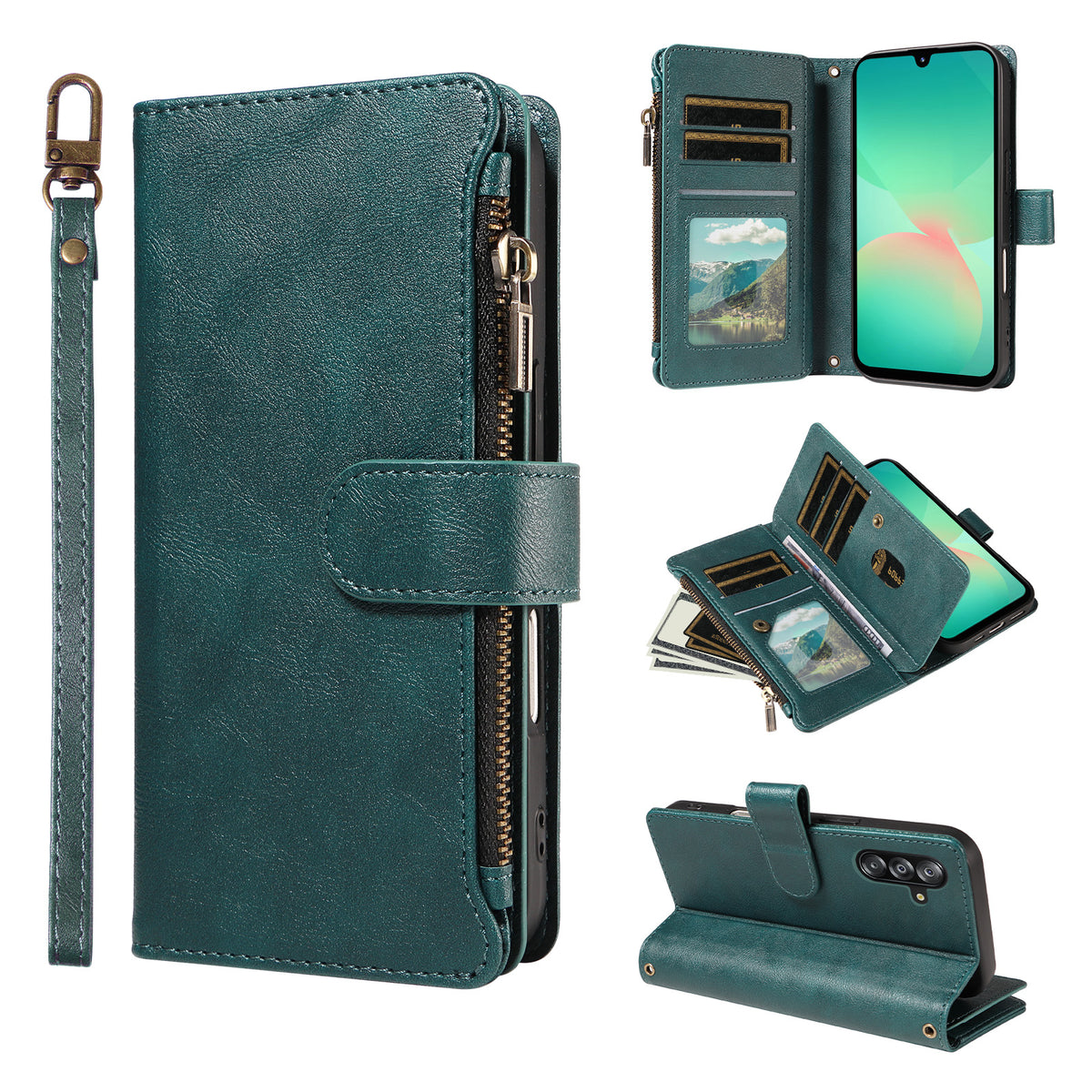 Läderfodral för Samsung Galaxy A16 5G / Galaxy A16 4G, 9 kortfack, dragkedja, mobilfodral med handledsrem